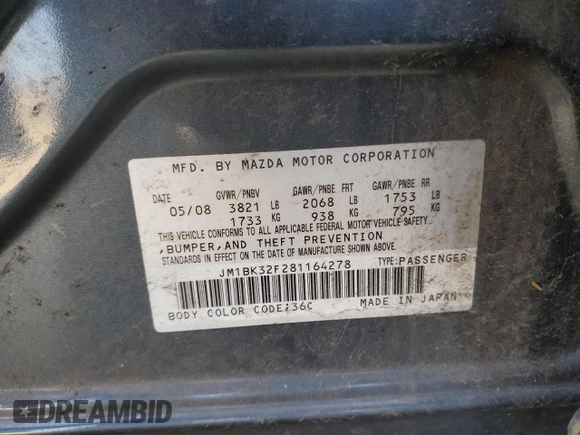 2008 Mazda 3 i Touring with VIN JM1BK32F281164278, listed as a Copart auction lot 53737655 with 154,321 mi miles and Salvage Title. Bid and sale history available at carsss.com. Image 12.