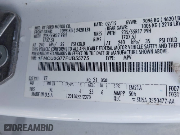 2015 Ford Escape SE with VIN 1FMCU0G77FUB55775, listed as a IAAI auction lot 41744893 with 164,178 mi miles and . Bid and sale history available at DreamBid. Image 9.