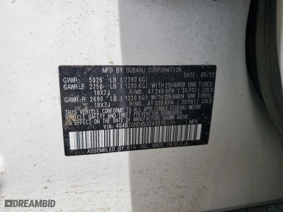 2022 Subaru Outback Limited XT with VIN 4S4BTGNDXN3249315, listed as a Copart auction lot 48240354 with 42,378 mi miles and Salvage Title. Bid and sale history available at carsss.com. Image 12.