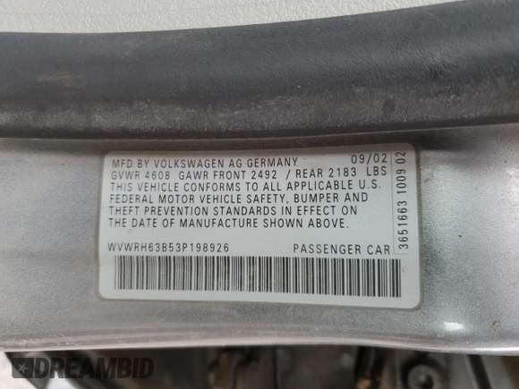 2003 Volkswagen Passat GLX z VIN WVWRH63B53P198926, wystawiony jako Copart lot #46875345 z przebiegiem 185 075 mil mil oraz Szkoda całkowita • Salvage title. Historia ofert i sprzedaży dostępna na DreamBid. Obrazek 12.