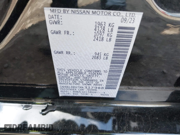 2024 Nissan Altima 2.5 S with VIN 1N4BL4BV7RN317988, listed as a IAAI auction lot 42022694 with 33,984 mi miles. Bid and sale history available at carsss.com. Image 9.