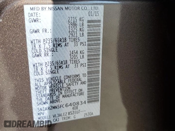 2015 Nissan Pathfinder S with VIN 5N1AR2MN5FC640834, listed as a Copart auction lot 61502805 with 149,780 mi miles and Salvage title. Bid and sale history available at DreamBid. Image 13.