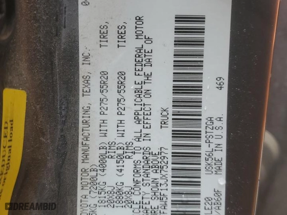 2018 Toyota Tundra 4WD SR5 with VIN 5TFAW5F13JX752977, listed as a Copart auction lot 50633495 with 0 mi miles and Salvage Title. Bid and sale history available at carsss.com. Image 12.