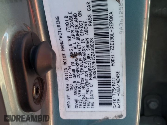 2005 Toyota Corolla CE with VIN 1NXBR32E15Z438028, listed as a Copart auction lot 48530595 with 225,109 mi miles and Salvage Title. Bid and sale history available at DreamBid. Image 12.