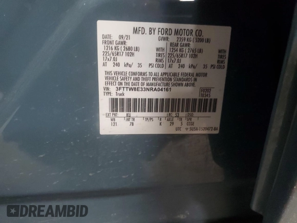 2022 Ford Maverick XL with VIN 3FTTW8E33NRA04161, listed as a Copart auction lot 45124075 with Not Provided miles and Salvage Title. Bid and sale history available at DreamBid. Image 14.