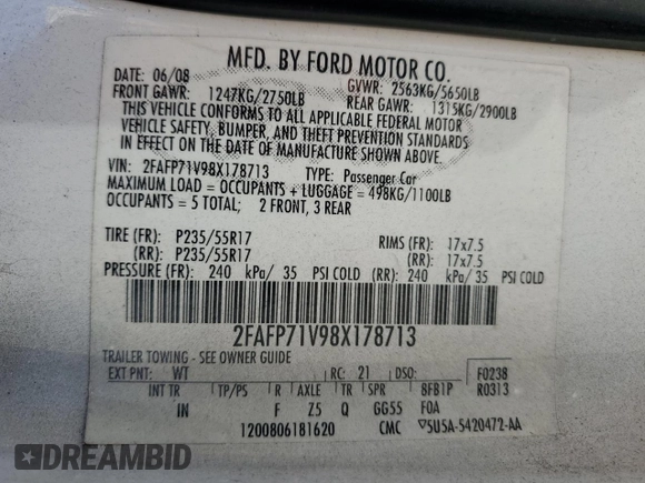 2008 Ford Police Interceptor с VIN 2FAFP71V98X178713, выставлен на аукционе Copart как лот 48131715 с пробегом 125 996 миль миль и Списание • Salvage title. История ставок и продаж доступна на DreamBid. Изображение 12.