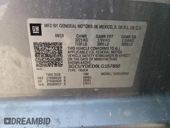 2020 Chevrolet Silverado 1500 LT with VIN 3GCUYDED0LG157850, listed as a Copart auction lot 47011635 with 159,643 mi miles and Salvage Title. Bid and sale history available at DreamBid. Image 13.