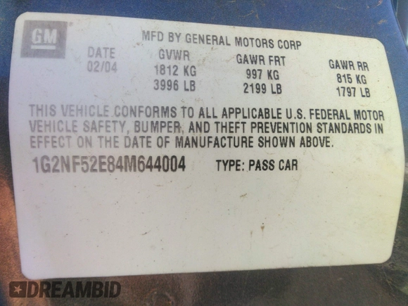 2004 Pontiac Grand Am SE1 с VIN 1G2NF52E84M644004, выставлен на аукционе IAAI как лот 34723768 с пробегом 205 182 миль миль и . История ставок и продаж доступна на DreamBid. Изображение 9.