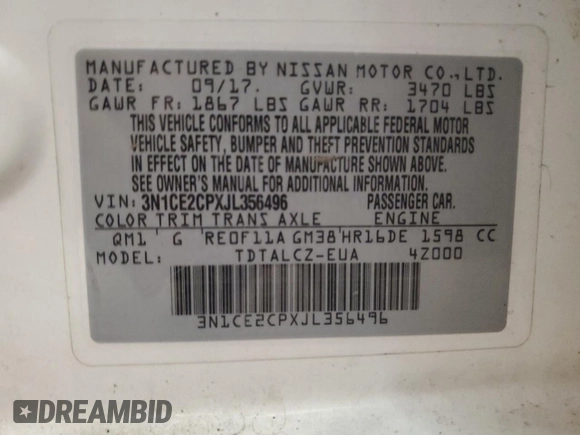 2018 Nissan Note SV with VIN 3N1CE2CPXJL356496, listed as a Copart auction lot 64462465 with 97,350 mi miles and Clean title. Bid and sale history available at DreamBid. Image 12.