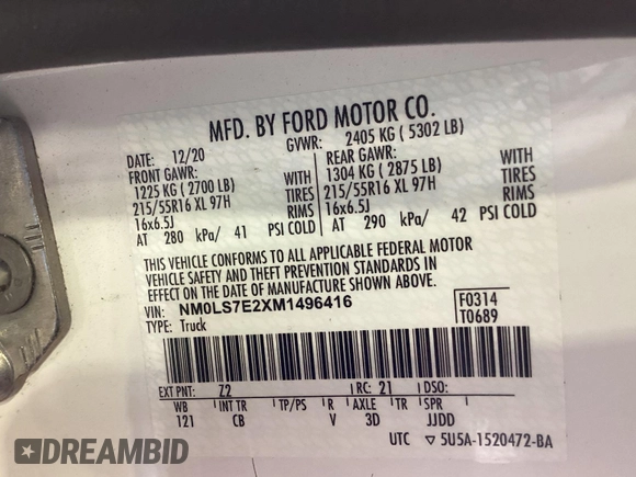2021 Ford Transit Connect XL with VIN NM0LS7E2XM1496416, listed as a IAAI auction lot 42703091 with 85,166 mi miles and . Bid and sale history available at DreamBid. Image 26.