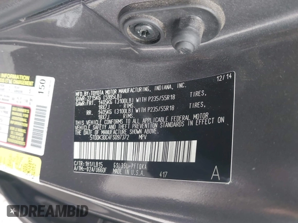 2015 Toyota Sienna Limited with VIN 5TDDK3DC4FS097372, listed as a IAAI auction lot 42204810 with 106,759 mi miles and . Bid and sale history available at DreamBid. Image 9.