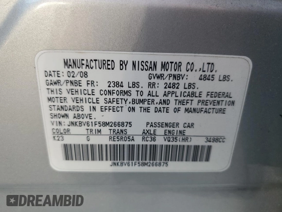 2008 Infiniti G35 x with VIN JNKBV61F58M266875, listed as a Copart auction lot 78424144 with 130,048 mi miles and Clean Title. Bid and sale history available at DreamBid. Image 13.