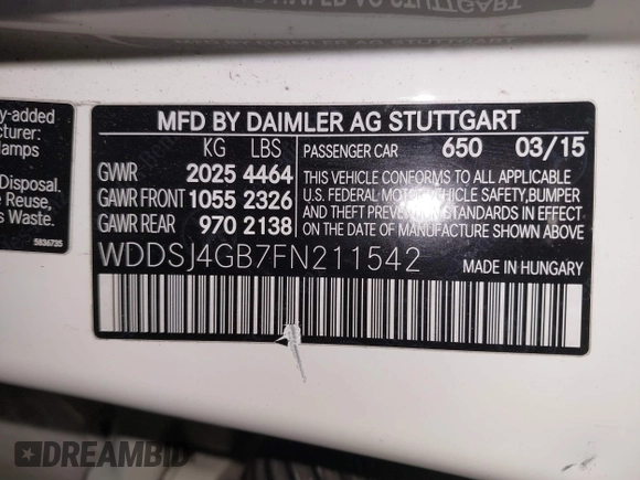 2015 Mercedes-Benz CLA 250 with VIN WDDSJ4GB7FN211542, listed as a IAAI auction lot 41239584 with 108,433 mi miles and . Bid and sale history available at DreamBid. Image 9.