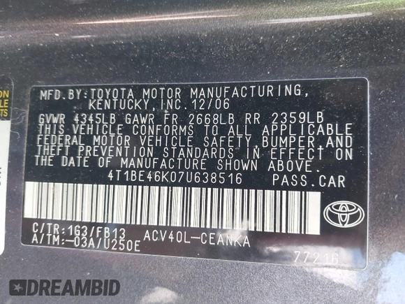 2007 Toyota Camry CE with VIN 4T1BE46K07U638516, listed as a IAAI auction lot 42128391 with 168,649 mi miles. Bid and sale history available at carsss.com. Image 9.