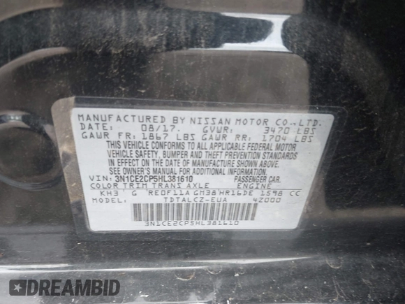 2017 Nissan Note S Plus with VIN 3N1CE2CP5HL381610, listed as a IAAI auction lot 42479050 with Not provided miles and . Bid and sale history available at DreamBid. Image 9.