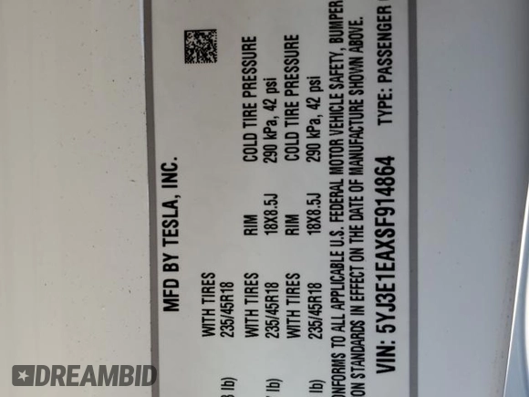 2025 Tesla Model 3 Long Range z VIN 5YJ3E1EAXSF914864, wystawiony jako Copart lot #60901055 z przebiegiem 4 174 mil mil oraz Szkoda całkowita • Salvage title. Historia ofert i sprzedaży dostępna na DreamBid. Obrazek 12.