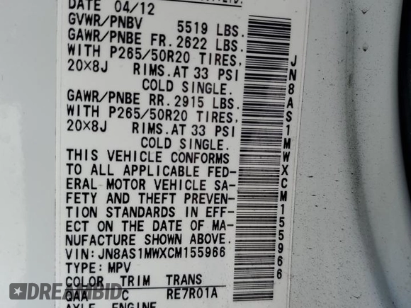 2012 Infiniti FX with VIN JN8AS1MWXCM155966, listed as a Copart auction lot 55132465 with 115,802 mi miles and Salvage title. Bid and sale history available at DreamBid. Image 13.