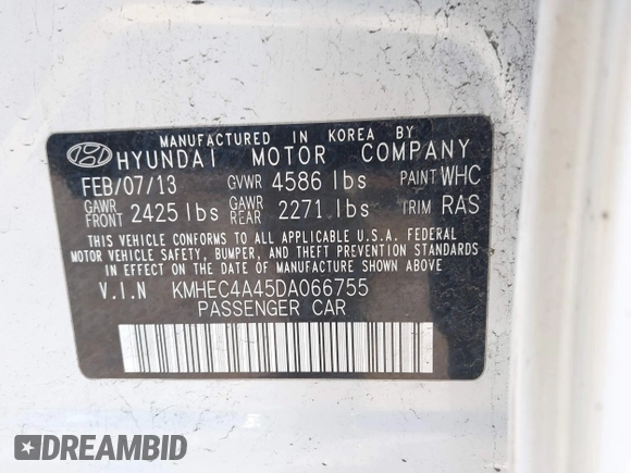 2013 Hyundai Sonata with VIN KMHEC4A45DA066755, listed as a IAAI auction lot 41892818 with 100,633 mi miles and . Bid and sale history available at carsss.com. Image 9.