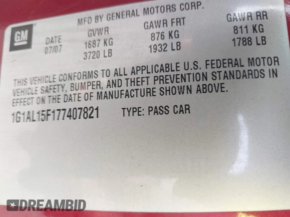 2007 Chevrolet Cobalt LT z VIN 1G1AL15F177407821, wystawiony jako IAAI lot #42418260 z przebiegiem 117 798 mil mil oraz . Historia ofert i sprzedaży dostępna na DreamBid. Obrazek 9.