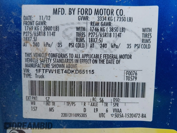 2013 Ford F-150 XL with VIN 1FTFW1ET4DKD65115, listed as a IAAI auction lot 41865210 with 133,302 mi miles. Bid and sale history available at carsss.com. Image 9.