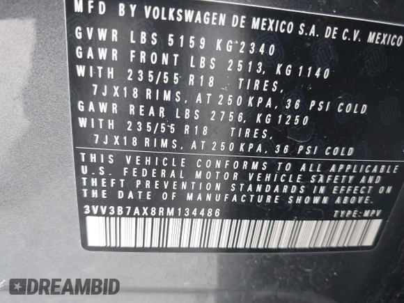 2024 Volkswagen Tiguan SE with VIN 3VV3B7AX8RM134486, listed as a IAAI auction lot 42095457 with 21,295 mi miles and . Bid and sale history available at DreamBid. Image 9.