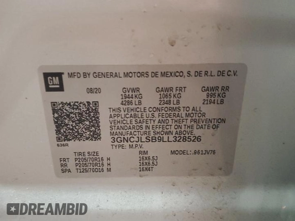 2020 Chevrolet Trax LT with VIN 3GNCJLSB9LL328526, listed as a Copart auction lot 49982765 with 39,560 mi miles and Salvage Title. Bid and sale history available at carsss.com. Image 15.