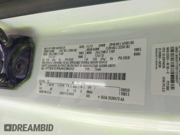 2018 Ford F-150 XL with VIN 1FTEX1CP8JKC96312, listed as a IAAI auction lot 42174901 with 174,259 mi miles and . Bid and sale history available at DreamBid. Image 9.