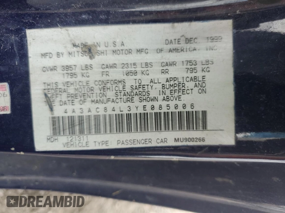 2000 Mitsubishi Eclipse with VIN 4A3AC84L3YE085006, listed as a Copart auction lot 51595105 with 207,255 mi miles and Salvage Title. Bid and sale history available at DreamBid. Image 12.