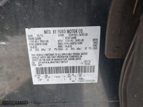 2015 Ford Edge SEL with VIN 2FMTK4J8XFBC18727, listed as a IAAI auction lot 41939117 with 116,736 mi miles. Bid and sale history available at carsss.com. Image 9.