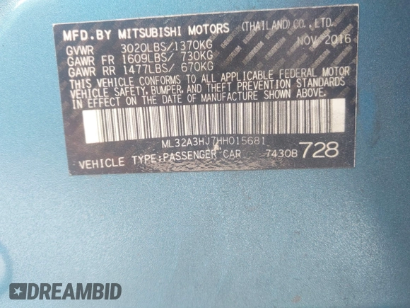 2017 Mitsubishi Mirage ES with VIN ML32A3HJ7HH015681, listed as a IAAI auction lot 42611328 with 39,365 mi miles and . Bid and sale history available at DreamBid. Image 9.
