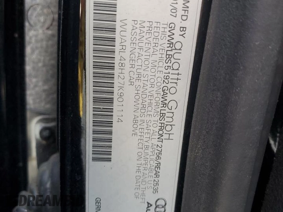 2007 Audi S4 z VIN WUARL48H27K901114, wystawiony jako Copart lot #66939314 z przebiegiem Nie podano mil oraz Szkoda całkowita • Salvage title. Historia ofert i sprzedaży dostępna na DreamBid. Obrazek 12.