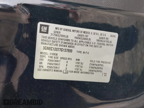 2007 Chevrolet Avalanche 1LT with VIN 3GNEC12077G137899, listed as a IAAI auction lot 41526144 with 245,890 mi miles and . Bid and sale history available at DreamBid. Image 9.