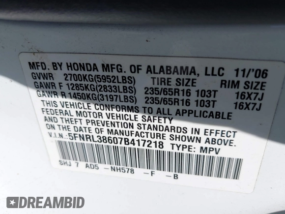 2007 Honda Odyssey EX-L с VIN 5FNRL38607B417218, выставлен на аукционе IAAI как лот 41856212 с пробегом 163 720 миль миль и . История ставок и продаж доступна на DreamBid. Изображение 9.