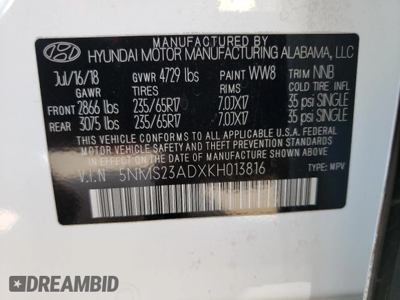 2019 Hyundai Santa Fe SE with VIN 5NMS23ADXKH013816, listed as a Copart auction lot 58556295 with 159,521 mi miles and Salvage title. Bid and sale history available at DreamBid. Image 14.