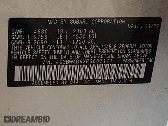2023 Subaru Legacy Premium with VIN 4S3BWAD6XP3007171, listed as a IAAI auction lot 42703130 with 59,731 mi miles and . Bid and sale history available at DreamBid. Image 25.