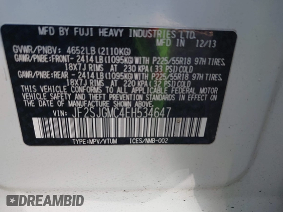 2014 Subaru Forester XT Touring with VIN JF2SJGMC4EH534647, listed as a IAAI auction lot 41828950 with 106,375 mi miles and . Bid and sale history available at DreamBid. Image 9.