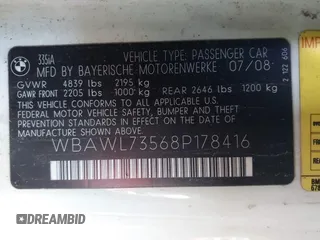 2008 BMW 3 Series 335i with VIN WBAWL73568P178416, listed as a IAAI auction lot 41594372 with Not Provided miles and . Bid and sale history available at carsss.com. Image 9.