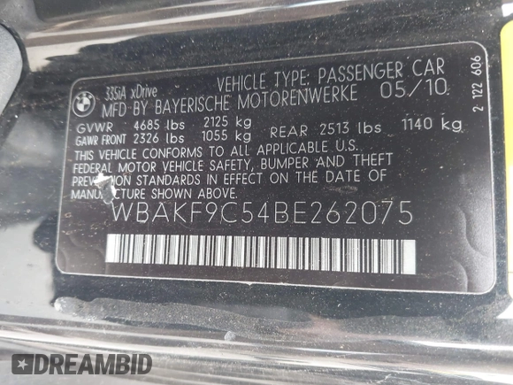 2011 BMW 3 Series 335i xDrive with VIN WBAKF9C54BE262075, listed as a IAAI auction lot 42351986 with Not provided miles and . Bid and sale history available at DreamBid. Image 9.