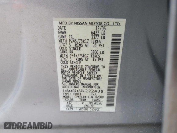 2007 Nissan Titan XE with VIN 1N6AA07A67N222438, listed as a Copart auction lot 81955584 with 230,036 mi miles and Salvage Title. Bid and sale history available at DreamBid. Image 12.