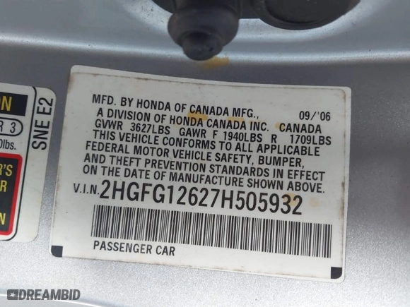 2007 Honda Civic Cpe LX with VIN 2HGFG12627H505932, listed as a IAAI auction lot 41609140 with 188,438 mi miles. Bid and sale history available at carsss.com. Image 9.