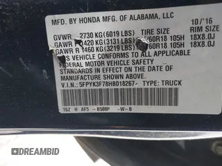 2017 Honda Ridgeline RTL-E with VIN 5FPYK3F78HB018267, listed as a IAAI auction lot 42299573 with 123,207 mi miles and . Bid and sale history available at DreamBid. Image 9.