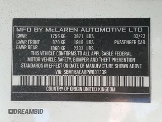 2023 McLaren Artura z VIN SBM16AEA8PW001339, wystawiony jako Copart lot #65218394 z przebiegiem 1954 mil mil oraz Szkody całkowita. Historia ofert i sprzedaży dostępna na DreamBid. Obrazek 15.