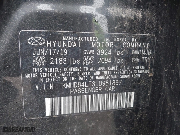 2020 Hyundai Elantra Value Edition with VIN KMHD84LF3LU951867, listed as a IAAI auction lot 41735317 with 999,999 mi miles. Bid and sale history available at carsss.com. Image 9.