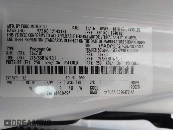 2016 Ford Focus SE with VIN 1FADP3F21GL403121, listed as a IAAI auction lot 42130743 with 103,592 mi miles and . Bid and sale history available at DreamBid. Image 9.