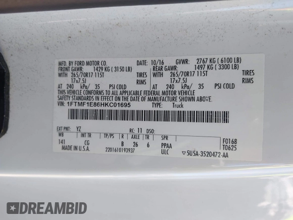 2017 Ford F-150 XL with VIN 1FTMF1E86HKC01695, listed as a IAAI auction lot 41886642 with 125,448 mi miles and . Bid and sale history available at DreamBid. Image 9.