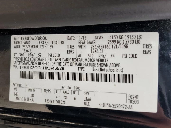 2017 Ford Transit Passenger XL с VIN 1FBAX2CG1HKA46526, выставлен на аукционе Copart как лот 62453115 с пробегом Не указан миль и Списание • Salvage title. История ставок и продаж доступна на DreamBid. Изображение 13.
