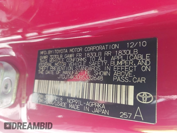 2011 Toyota Yaris with VIN JTDJT4K30B5332648, listed as a IAAI auction lot 41820350 with 216,482 mi miles. Bid and sale history available at carsss.com. Image 9.