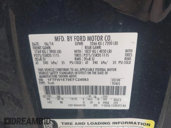 2014 Ford F-150 XL with VIN 1FTFW1ET9EFC24583, listed as a IAAI auction lot 42454980 with 158,364 mi miles and . Bid and sale history available at DreamBid. Image 9.