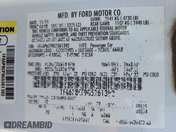 2016 Ford Mustang GT with VIN 1FA6P8CF9G5261392, listed as a Copart auction lot 61004015 with 102,933 mi miles and Salvage title. Bid and sale history available at DreamBid. Image 13.