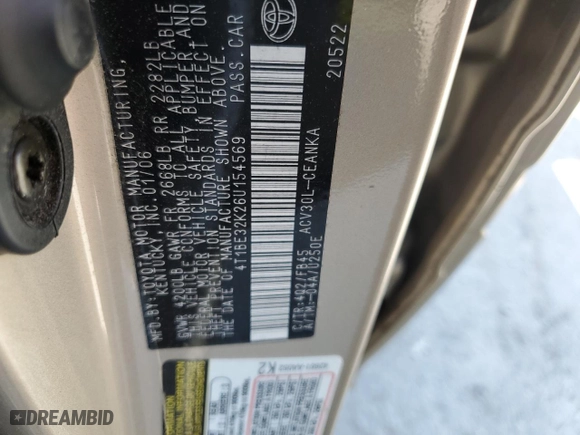 2006 Toyota Camry STD with VIN 4T1BE32K26U154569, listed as a Copart auction lot 50187104 with 69,841 mi miles and Clean Title. Bid and sale history available at carsss.com. Image 13.